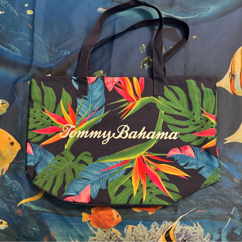 Tommy Bahama Navy Tropical Leaf Tote